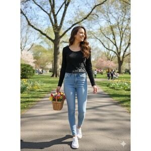 Emotion Shirt For Women.‎ Flower Pattern Ribbed Fabric Lace Trim 22"-26" PTP